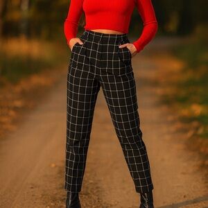 ASOS Design Tall Smart Tapered Mono Check Black White High Waist Pants Trousers